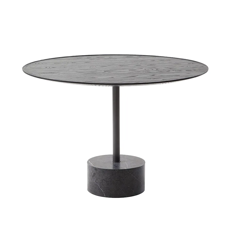 194 9 Dining Table, Ø 110 cm, Matt black stained ash top, Black Marquina marble base, Steel frame in anthracite grey