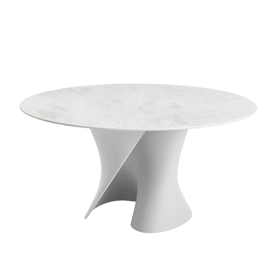 S Table Marble Top Ø156, Namibia Gloss White, Cristalplant Matt White frame