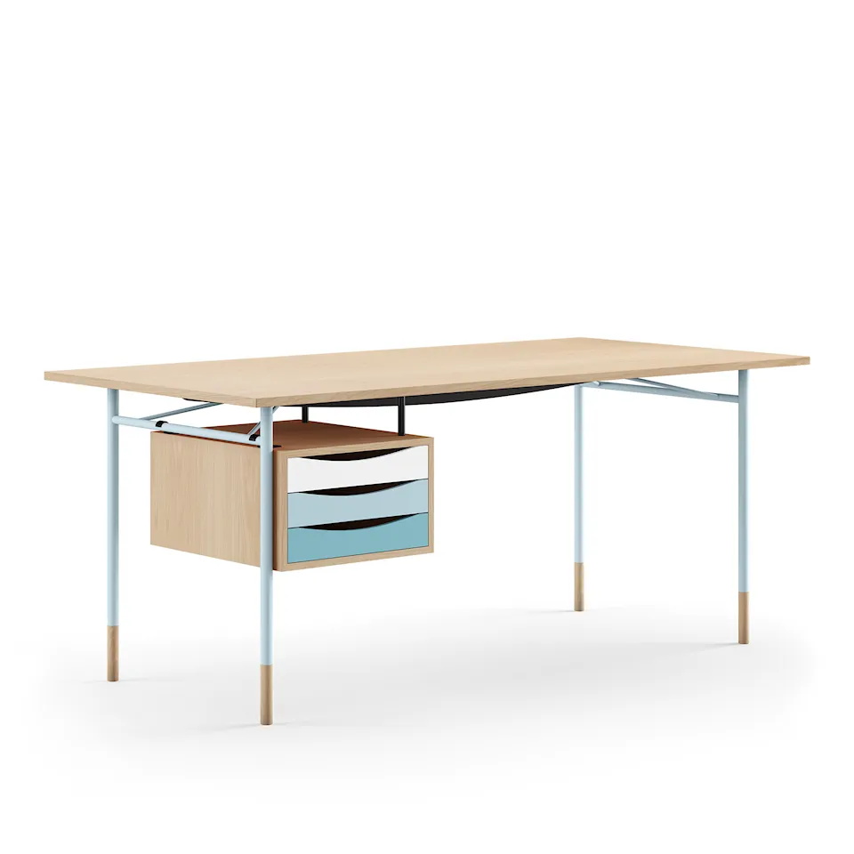 Nyhavn Desk, 170 cm, with Tray Unit, Oak Clear oil, Light Blue Steel, Cold