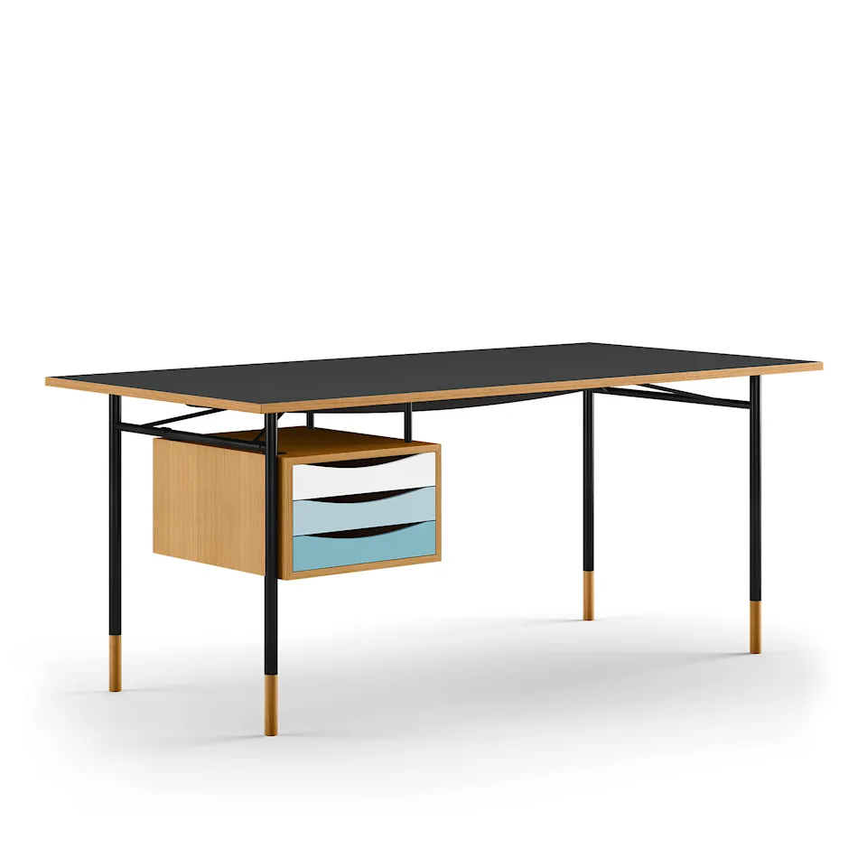 Nyhavn Desk, 170 cm, with Tray Unit, Oak Dark Oil/Black linoleum, Black Steel, Cold