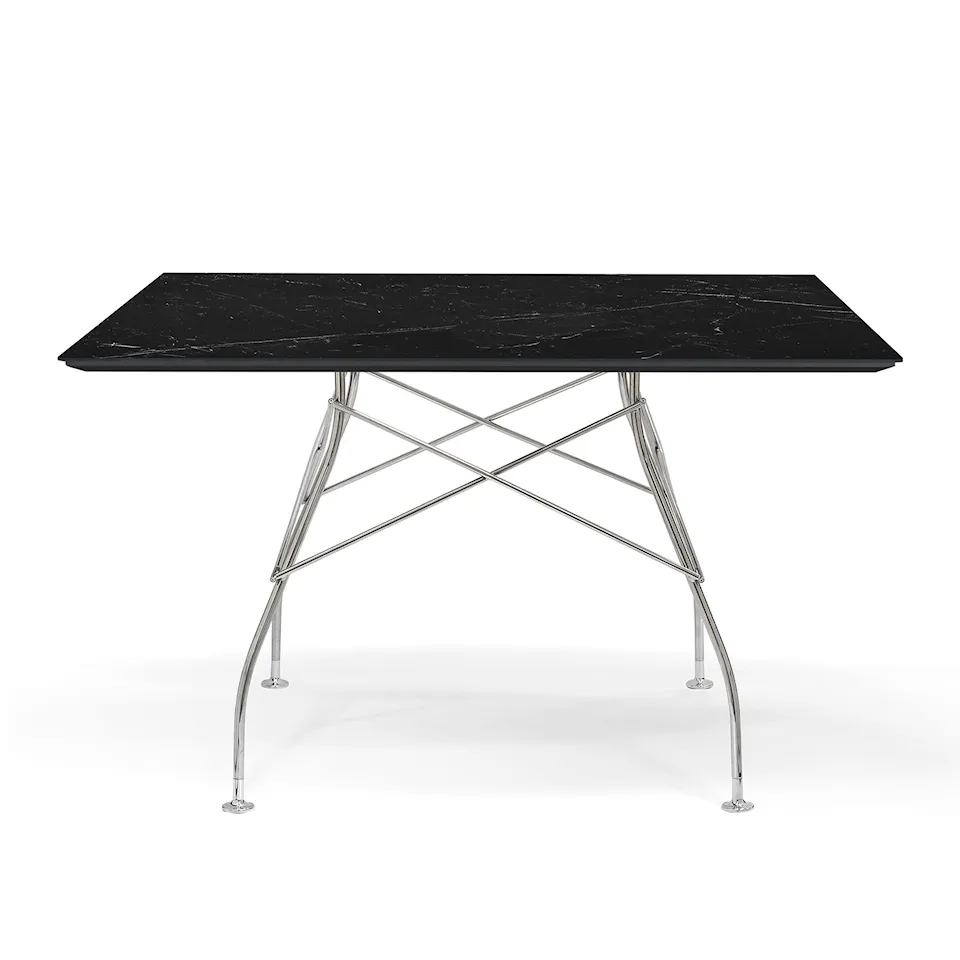 Glossy Square Table 118x118 Marble Top, Chrome-plated Steel Frame Black Marquina