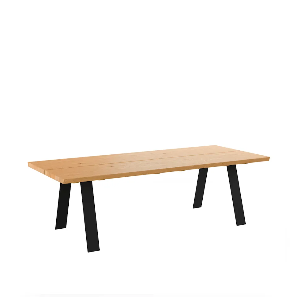 GM 3200 Plank Table, 210 x 100 cm, Tabletop oiled wild Oak, 1 additional Tabletop matching wood, base in black powder coated steel