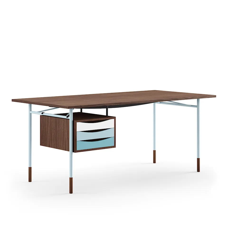 Nyhavn Desk, 170 cm, with Tray Unit, Walnut Dark Oil, Light Blue Steel, Cold