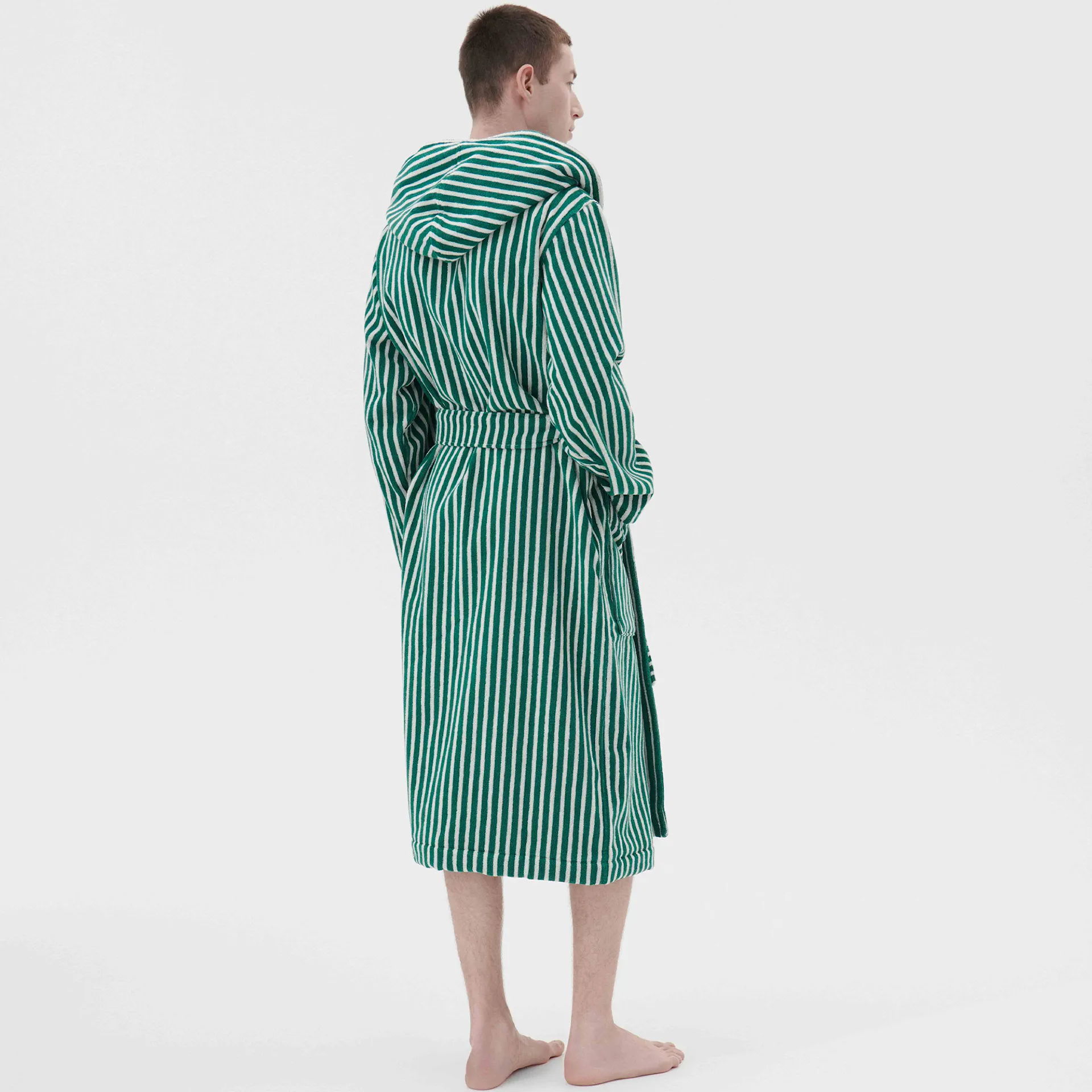 Hooded Bathrobe Teal Green Stripes - TEKLA - NO GA