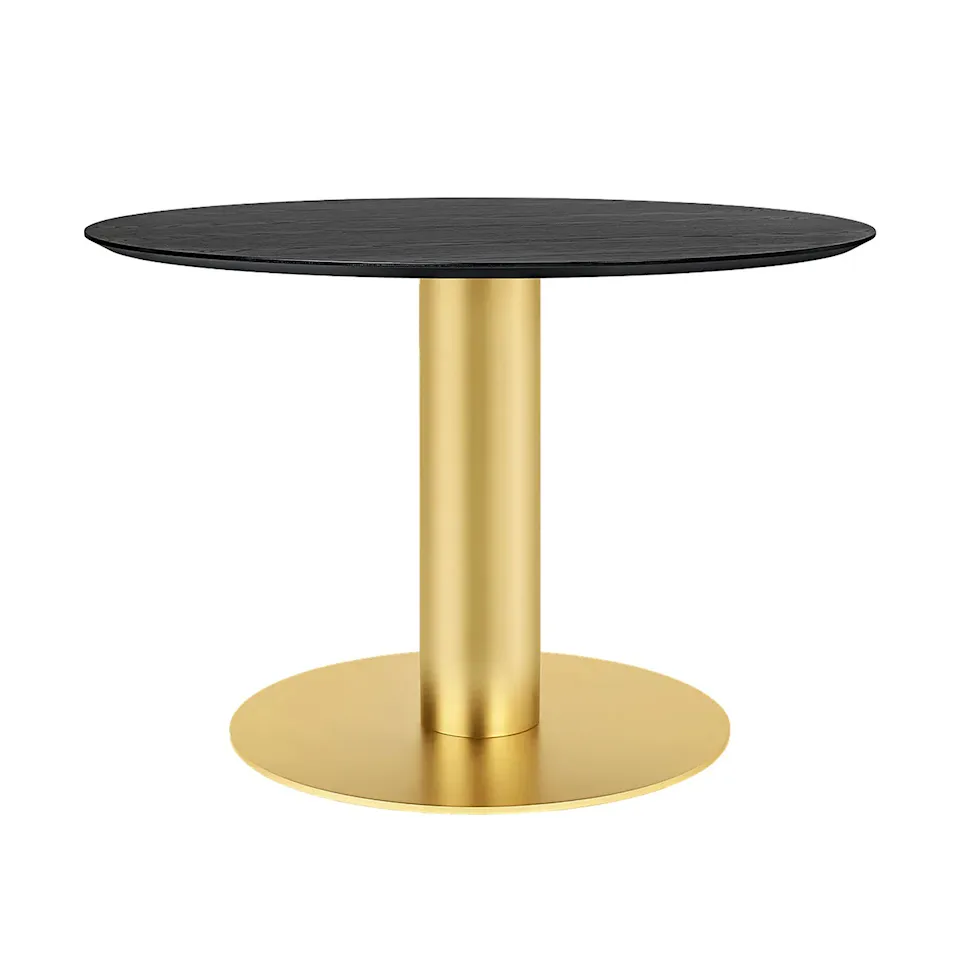 GUBI 2.0 Dining Table, Ø 110 cm, Top: Wood - Black stained ash, Base: Brass