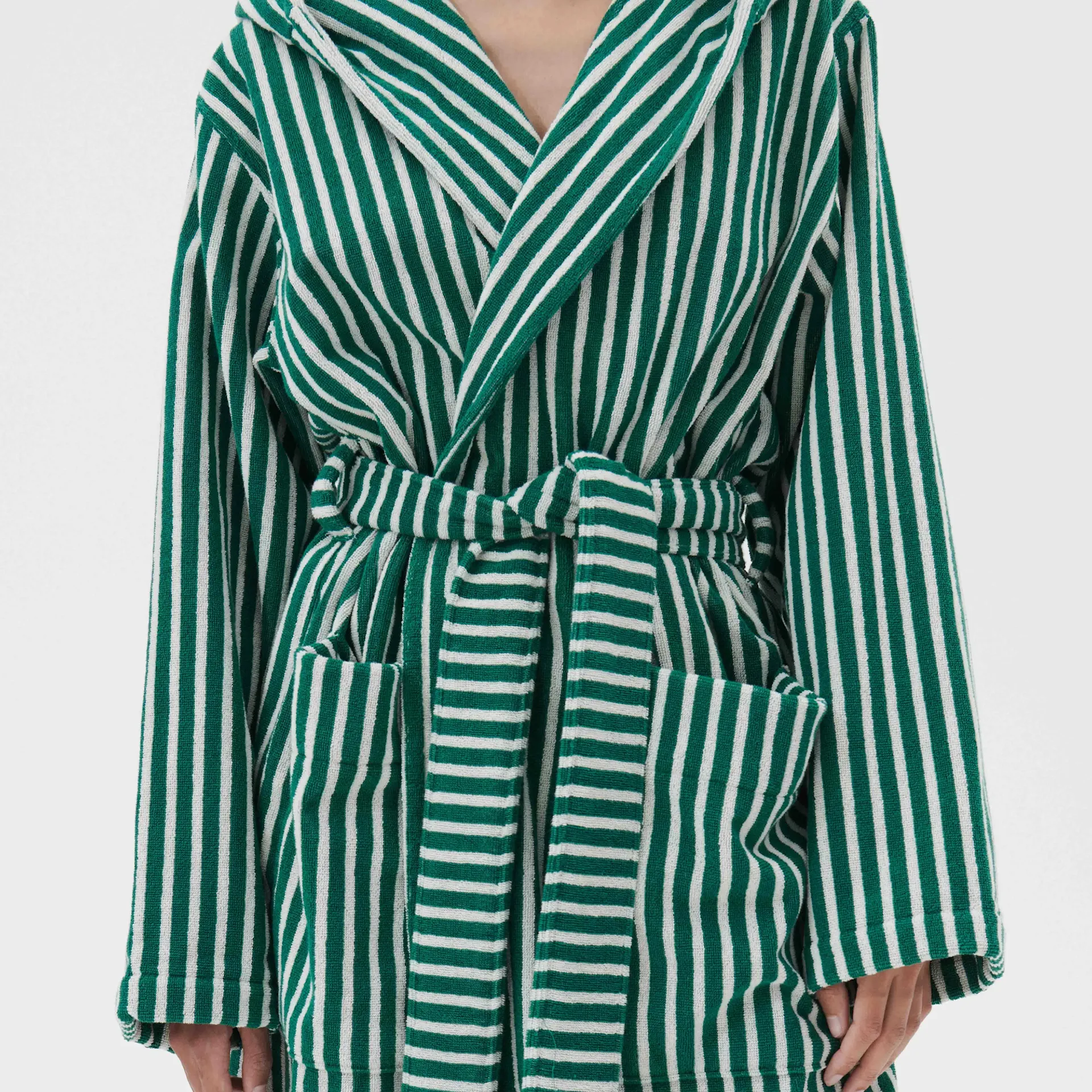 Hooded Bathrobe Teal Green Stripes - TEKLA - NO GA