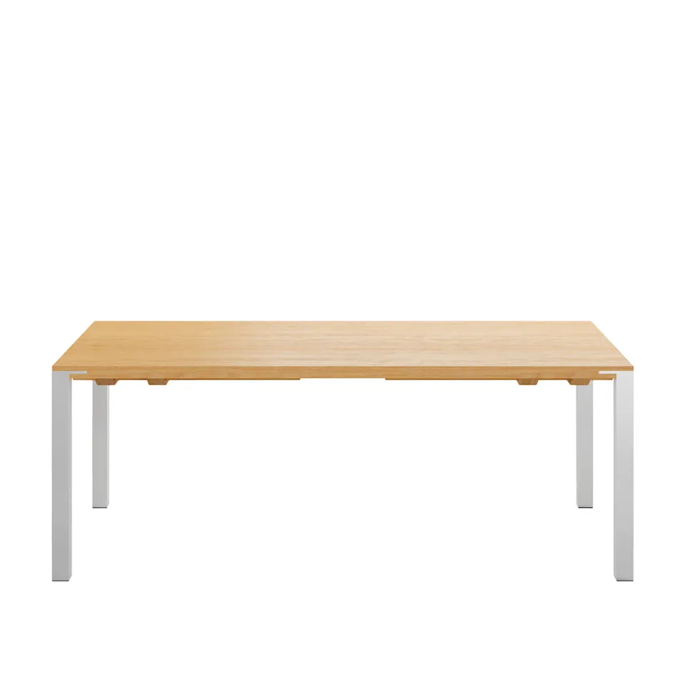 GM 2112 Table, 200 x 100 cm, top in oiled oak, 2 additional tops in the same wood, legs in brushed stainless steel