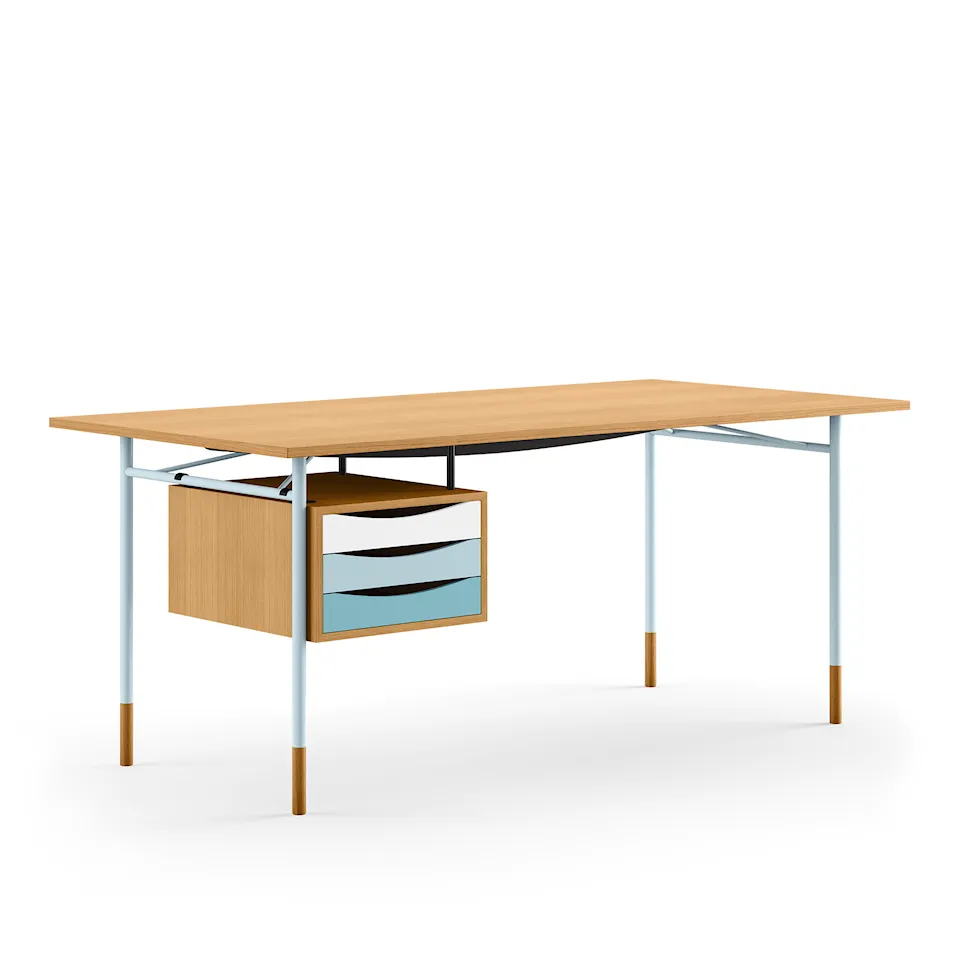 Nyhavn Desk, 170 cm, with Tray Unit, Oak Dark Oil, Light Blue Steel, Cold