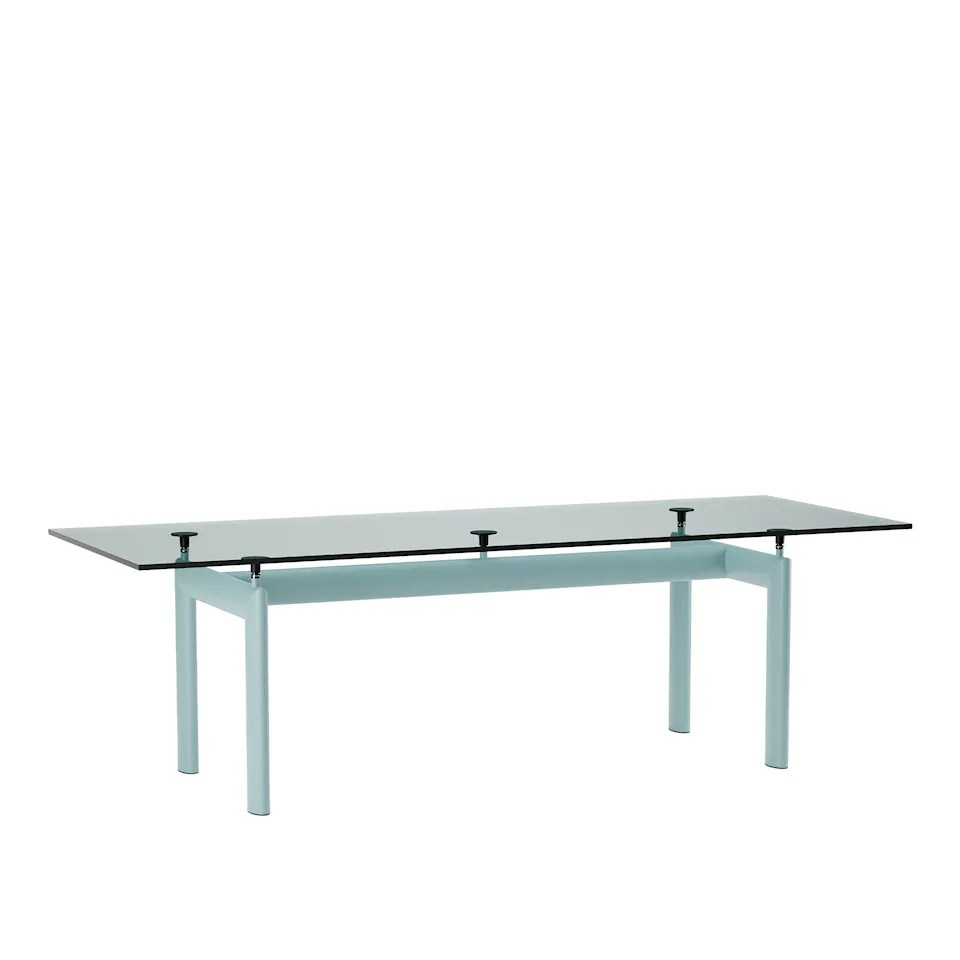 LC6 Table, Light Blue Enamel Steel Base, Clear Glass, 225 X 85 cm