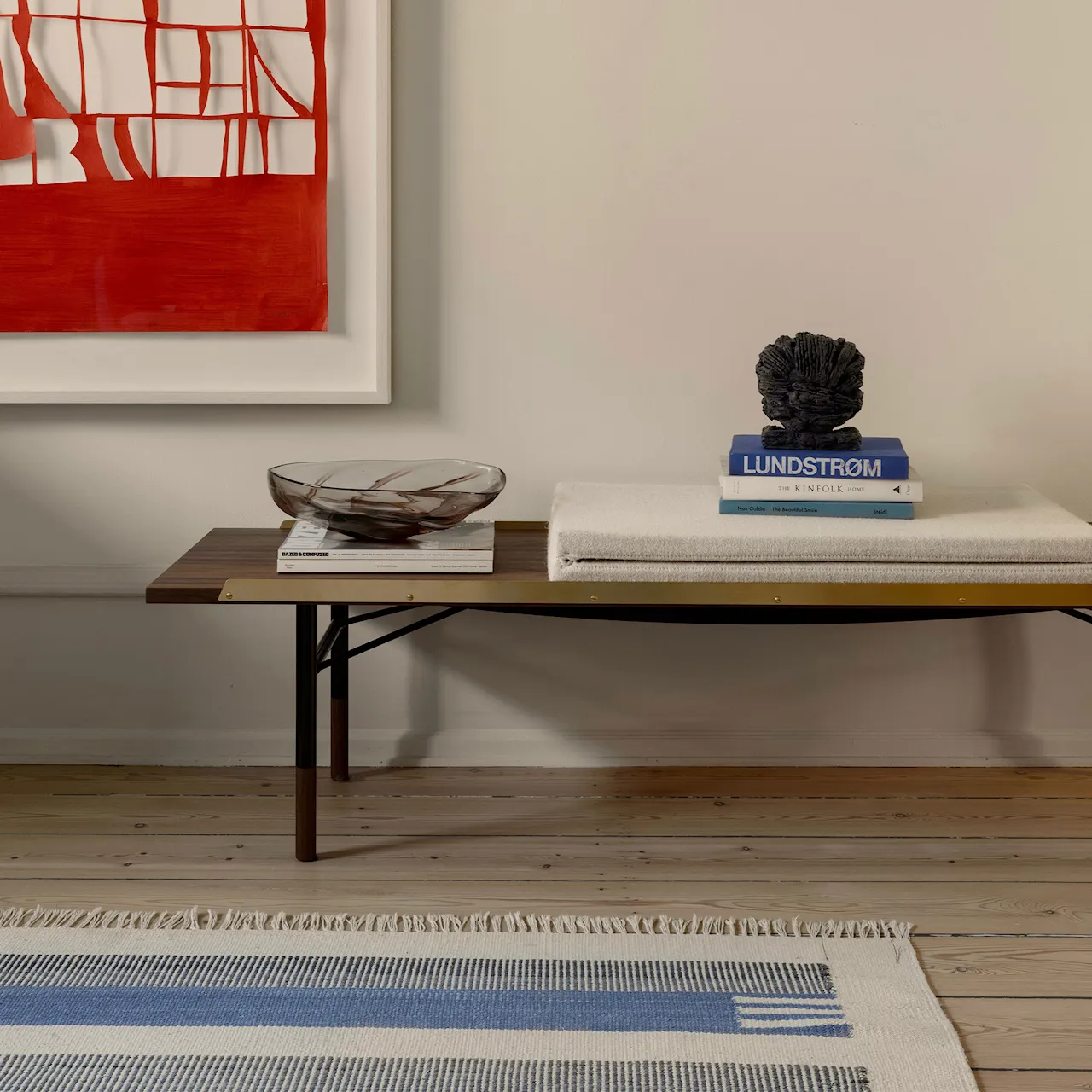 Table Bench Large, With Brass Edges, Oak, Black Steel