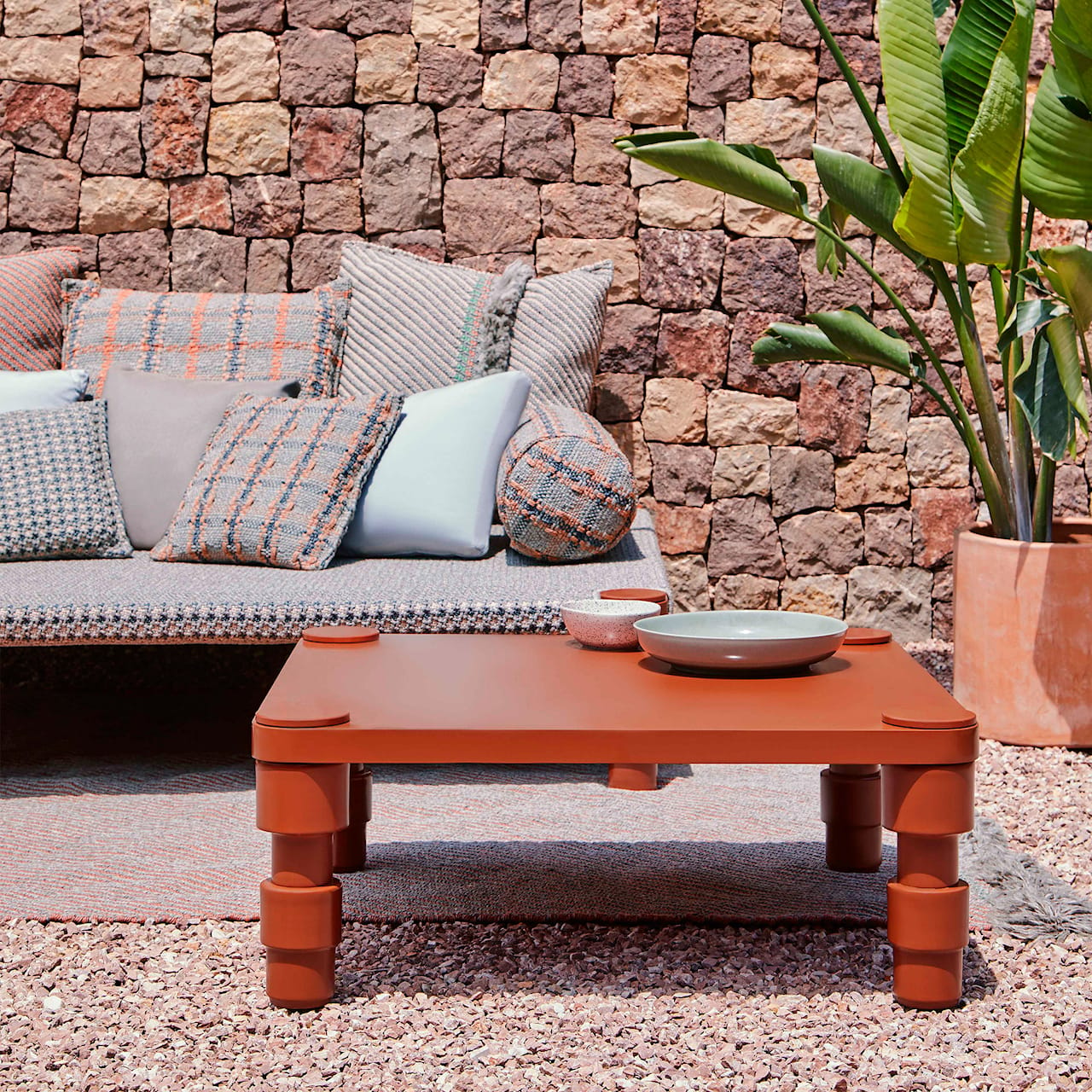 Garden Layers Small Cushion - Checks Terracotta
