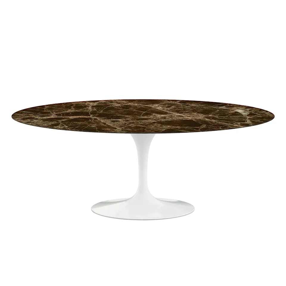 Saarinen Oval Table - Dining table, 198 x 121 cm, White base, glossy brown Emperador marble top