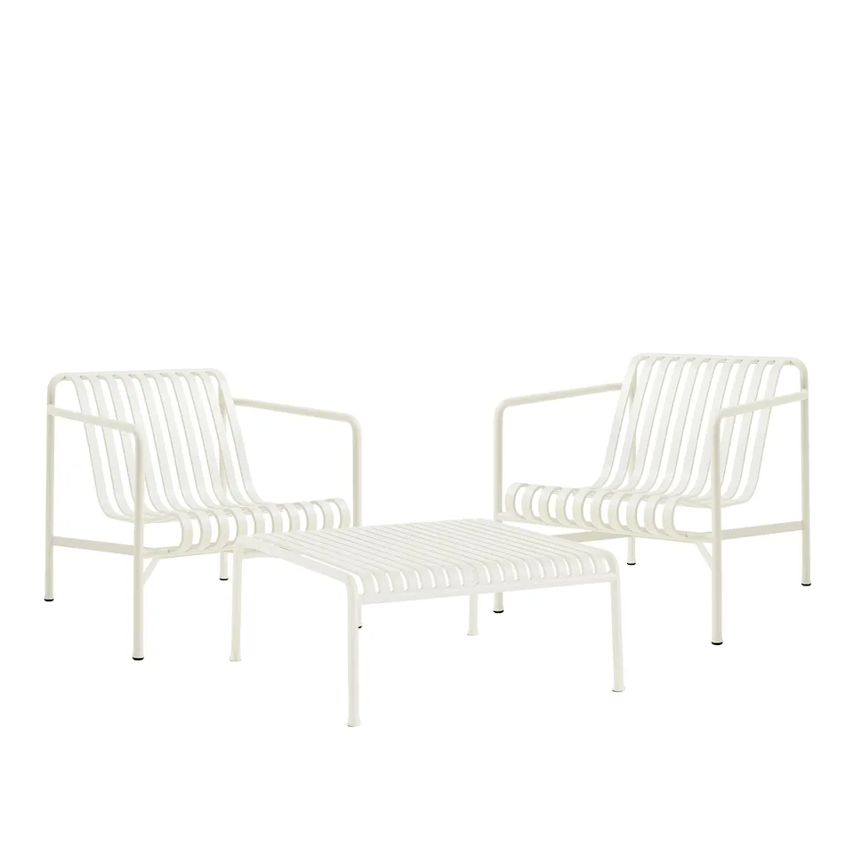 Palissade loungegroep med 2 loungestoelen & laag houtdgårdstafel