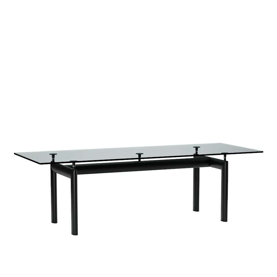 LC6 Table, Black Enamel Steel Base, Clear Glass, 225 X 85 cm