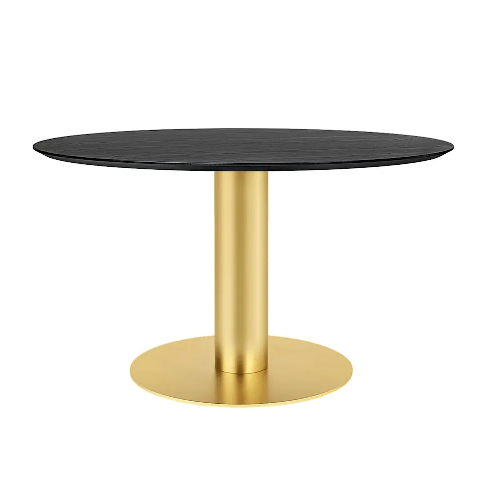 GUBI 2.0 Dining Table, Ø 130 cm, Top: Wood - Black stained ash, Base: Brass