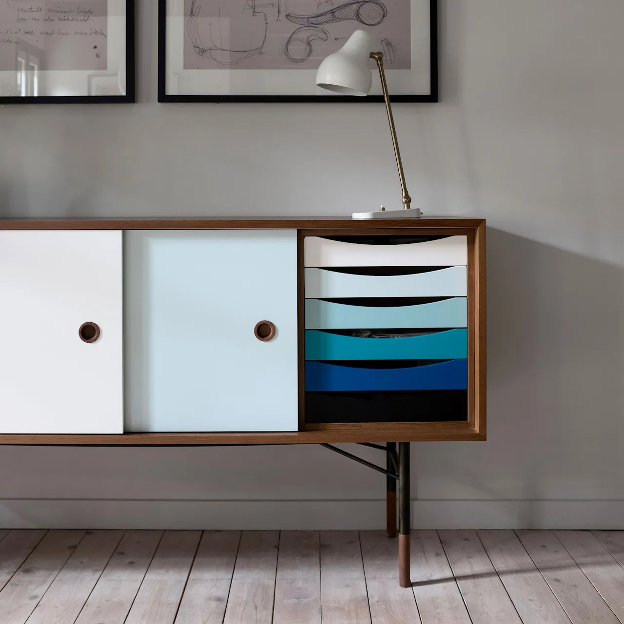 Sideboard With Tray Unit, Oak Veneer, Black Steel, Cold