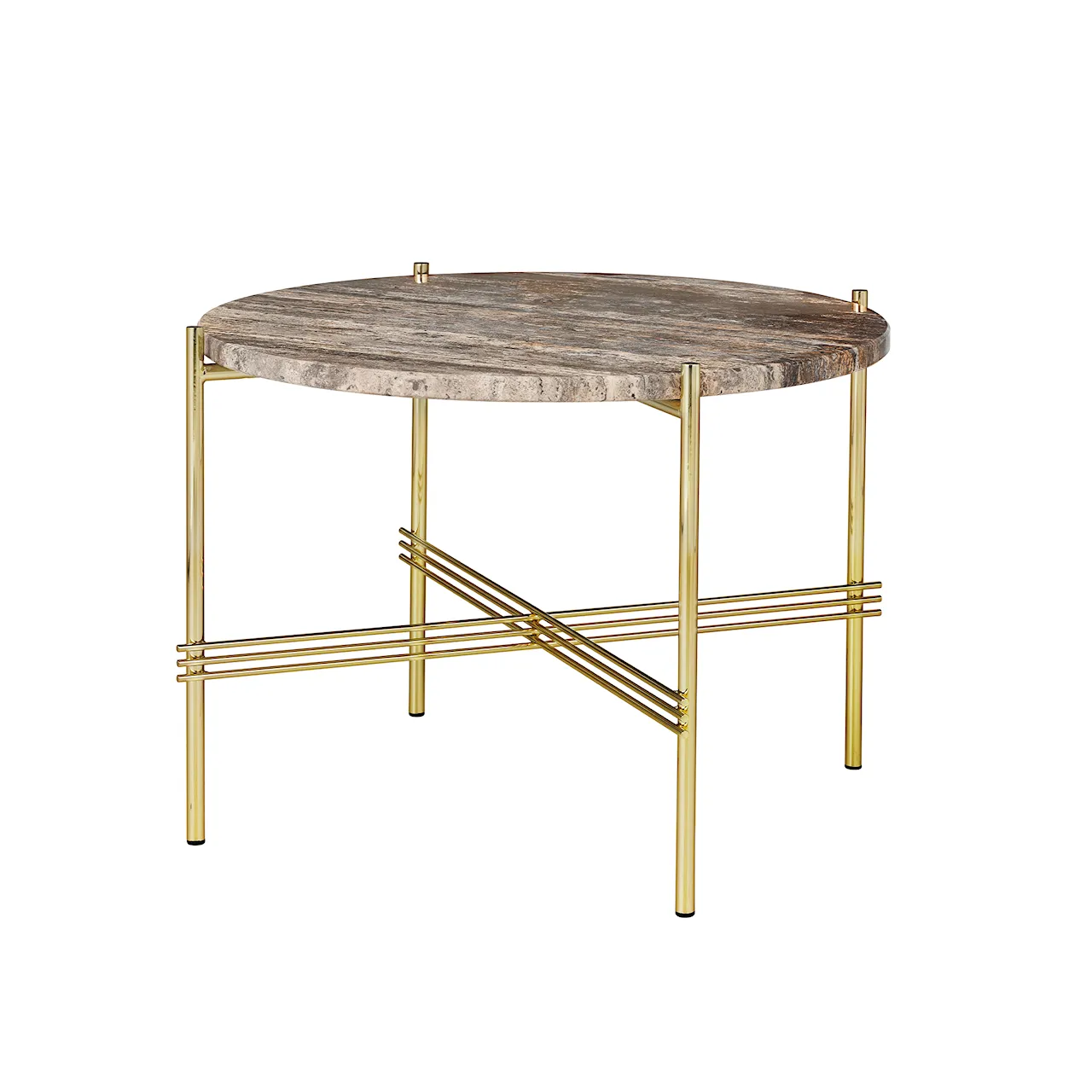 TS Travertine Coffee Table Ø 80, Base Brass, Top White Travertine