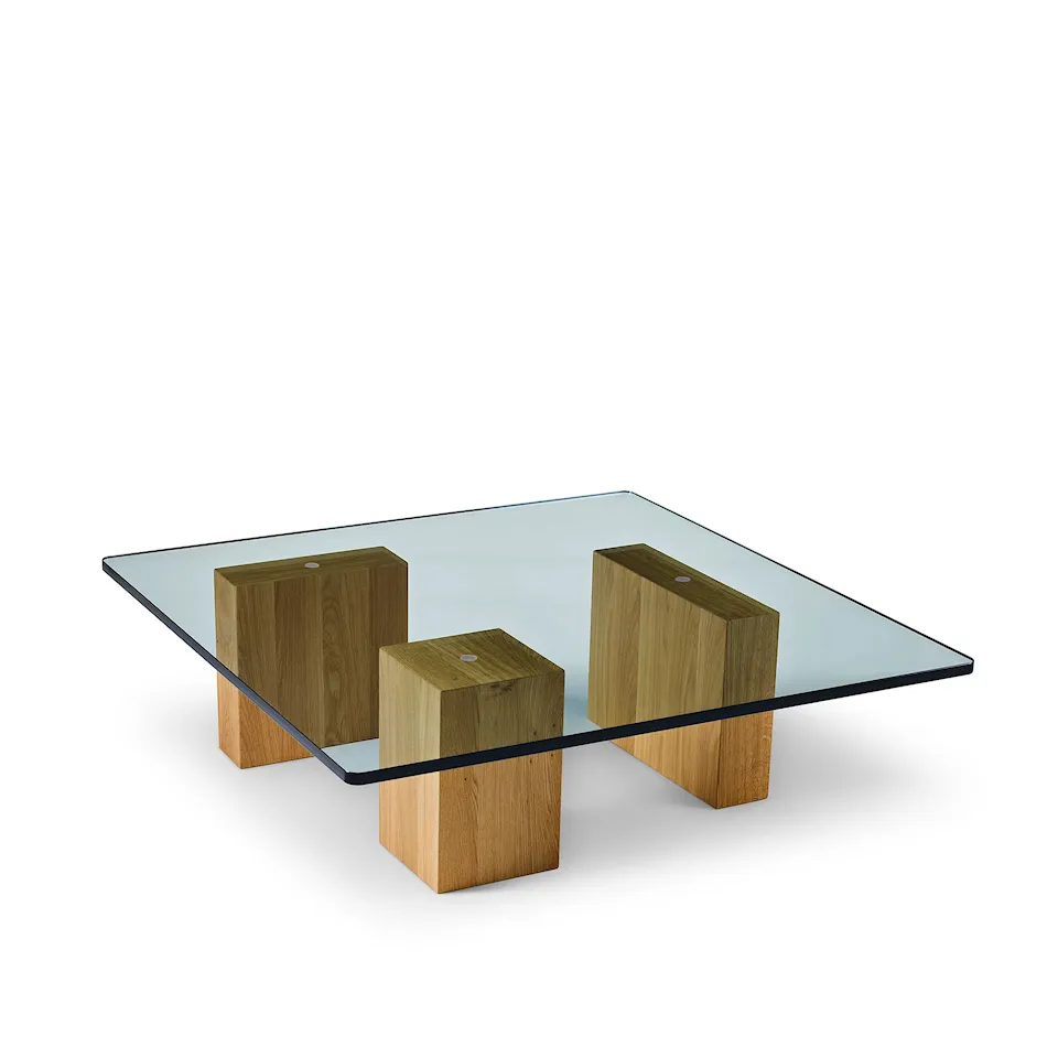 Puzz Coffee table, 100x100, Clear glass, Base Oak oiled, Top 12 mm