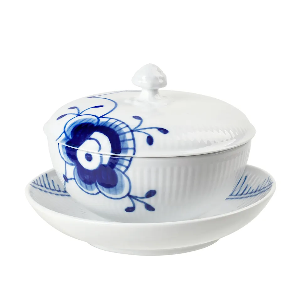 Blue Fluted Mega Bowl with Lid & Saucer 38 cl