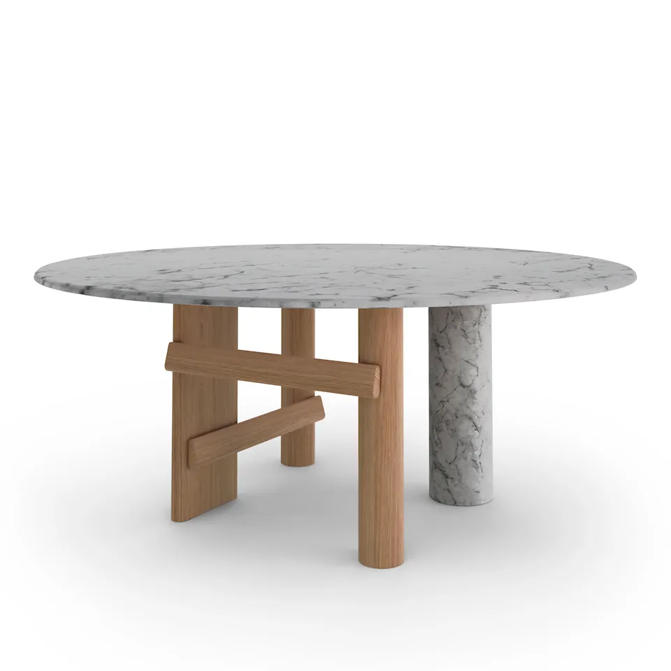 Sengu Table, Ø180cm, Oak legs, Carrara white marble top and column