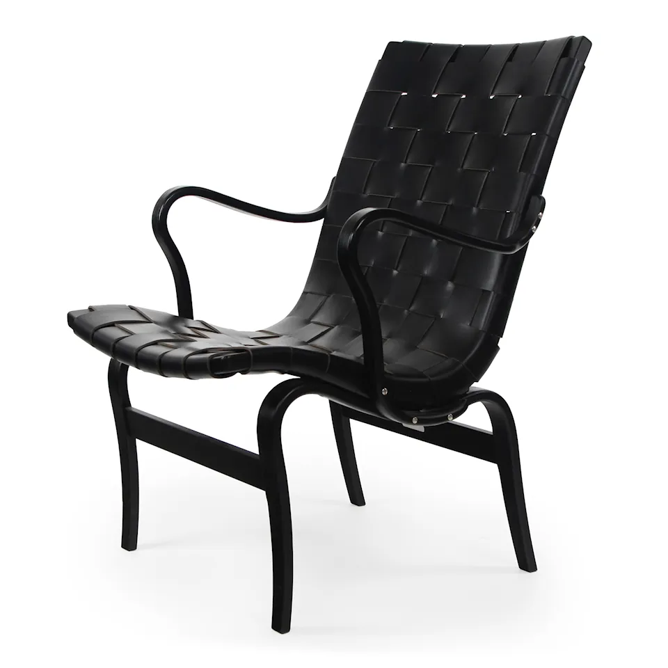 Eva Armchair M. Armrest, Black lacquered/Leather straps Black