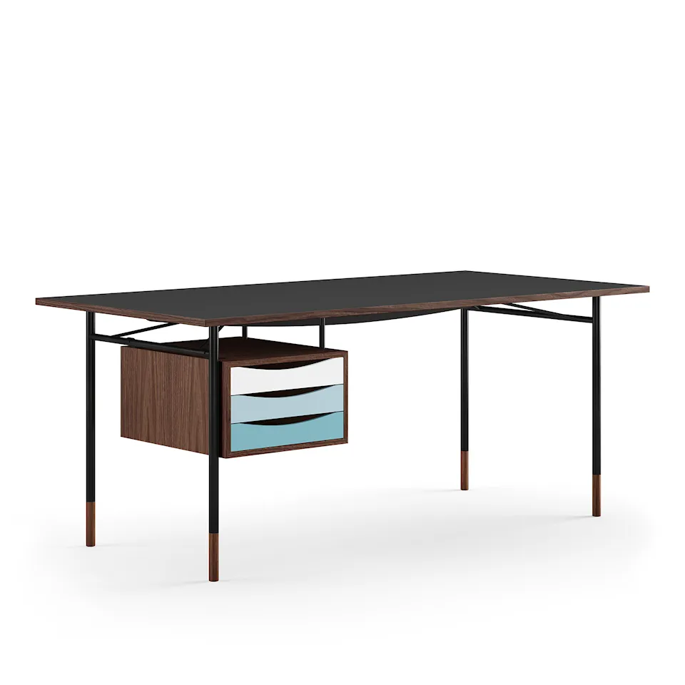 Nyhavn Desk, 170 cm, with Tray Unit, Walnut, Black Steel, Cold