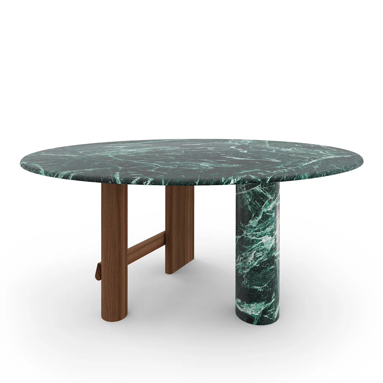 Sengu Table, Ø160cm, American Walnut legs, Alpi green marble top and column