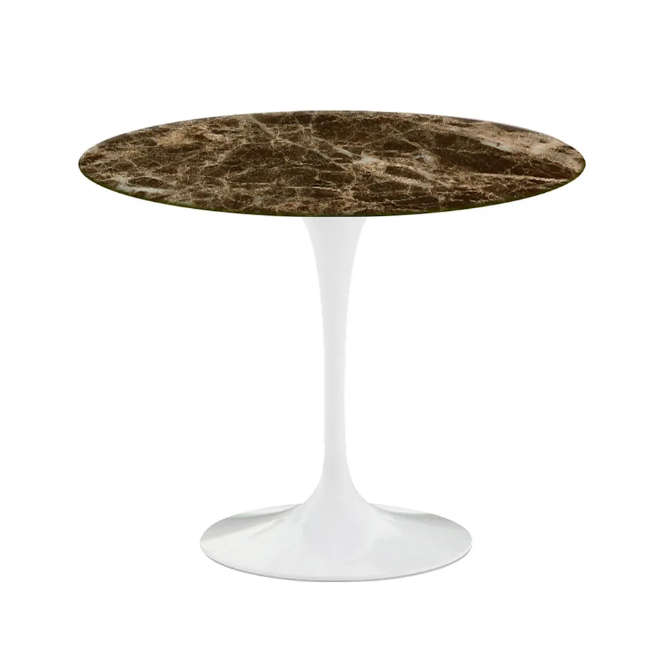 Saarinen Round Table - Dining table, Ø 91 cm, White frame, glossy brown Emperador marble top