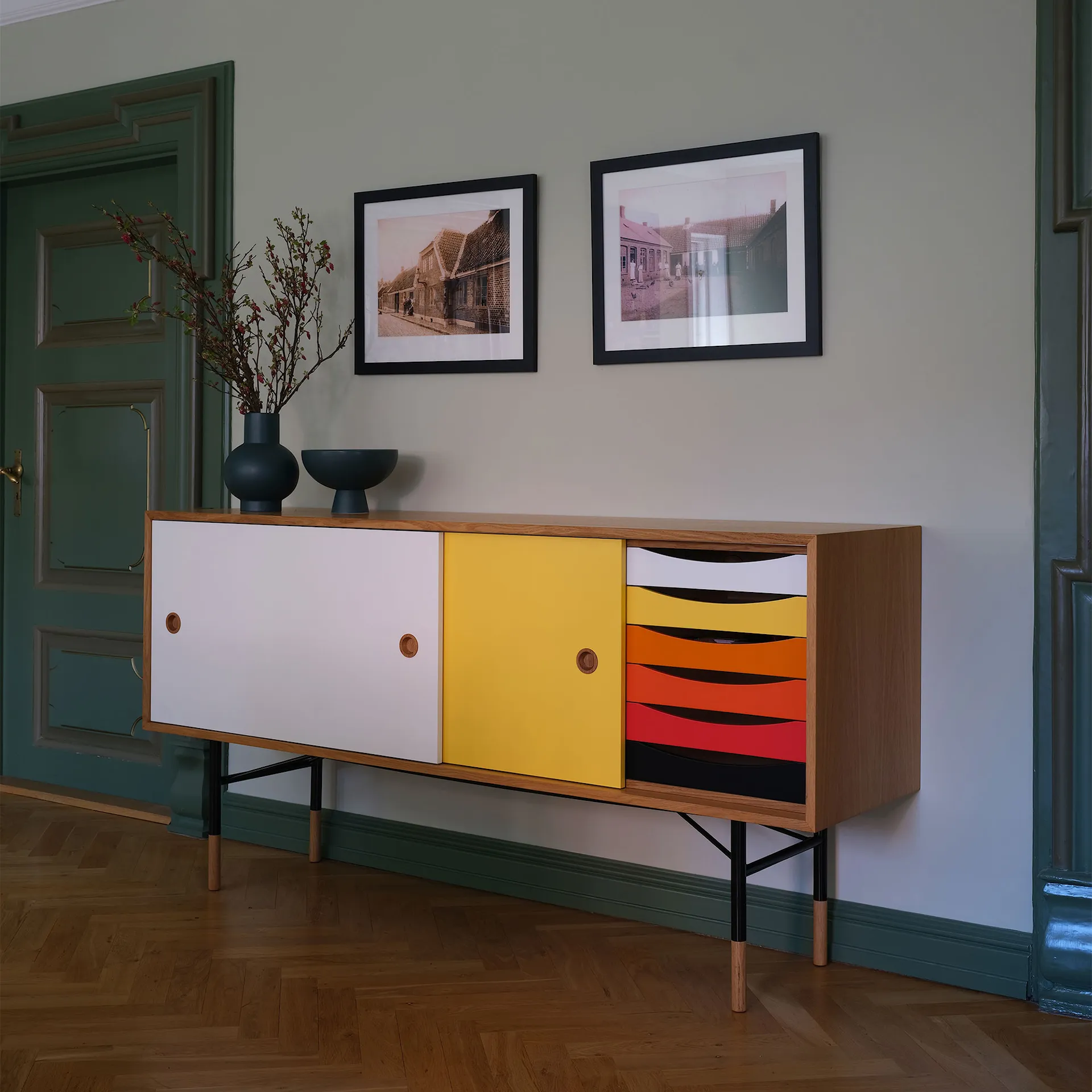 Sideboard With Tray Unit, Oak Veneer, Black Steel, Cold - House of Finn Juhl - Finn Juhl - NO GA