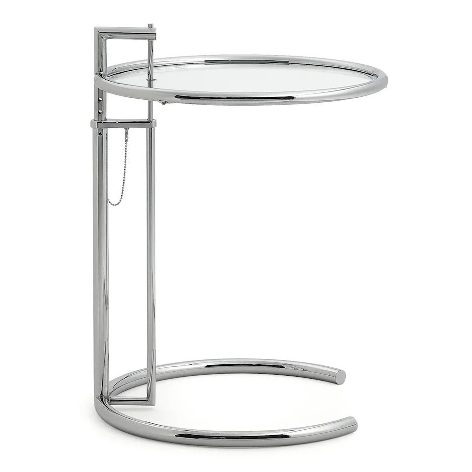 Adjustable Table E 1027, Förkromad stål, Klar kristallglasskiva