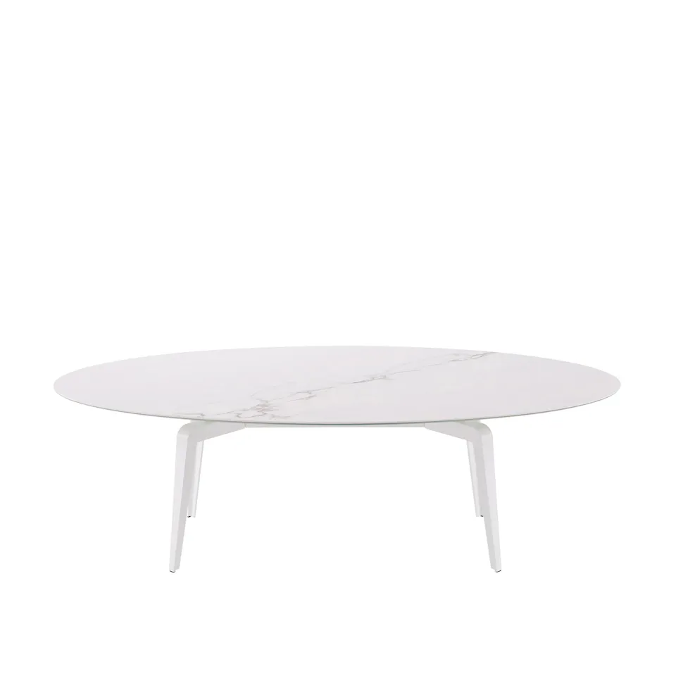 Odessa Oval Dining Table 198x125, White Lacquered Base, White Marble-Effect Ceramic Stoneware