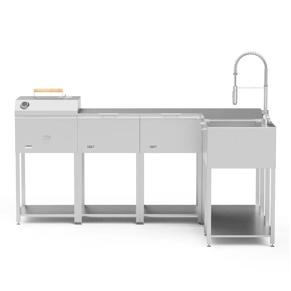 Combinatie L buitenkeuken met houtskoolgrill en spoelbak