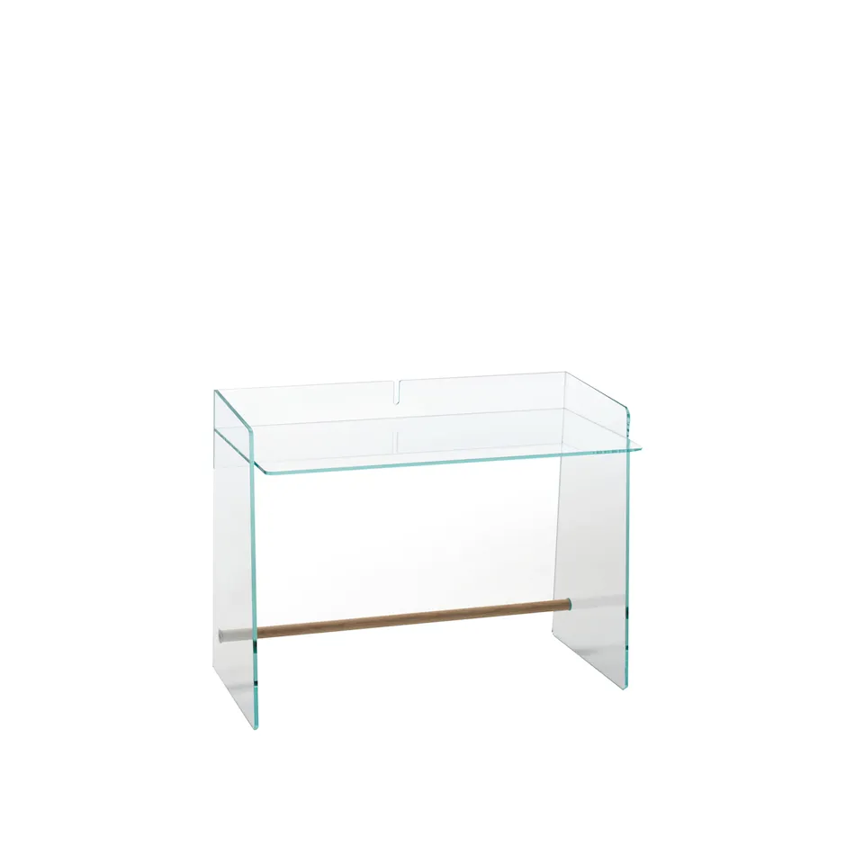 PIR02 Pirandello Desk, Extralight transparent glass, Footrest: Natural ash