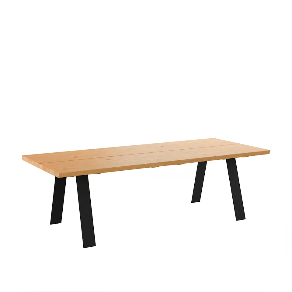 GM 3200 Plank Table, 240 x 100 cm, Tabletop oiled wild Oak, 1 additional Tabletop matching wood, base in black powder coated steel