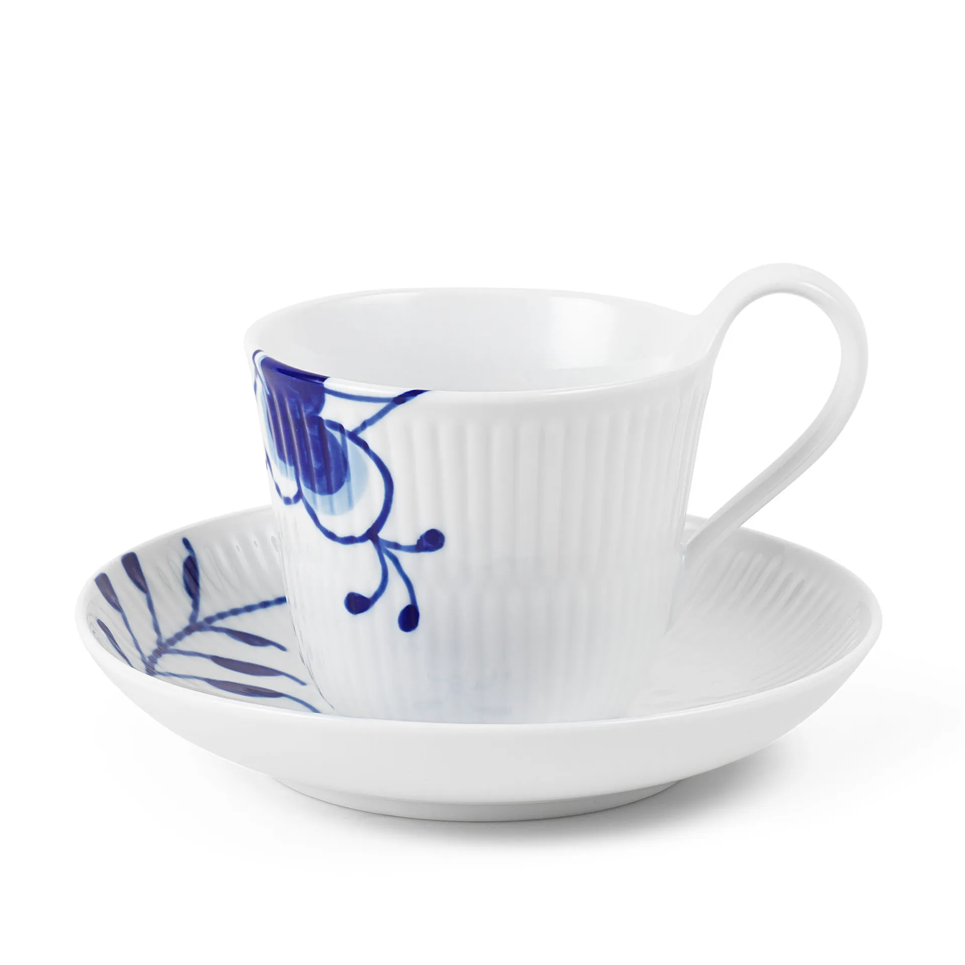 Blue Fluted Mega Cup with High Handle & Saucer 24 cl Decoration No. 2 - Royal Copenhagen - NO GA