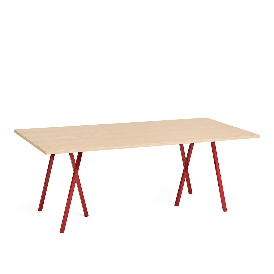 Loop Stand Table Maroon red powder coated steel frame L200 x W92,5 x H74 Clear lacquered oak tabletop Water-based lacquered oak edge