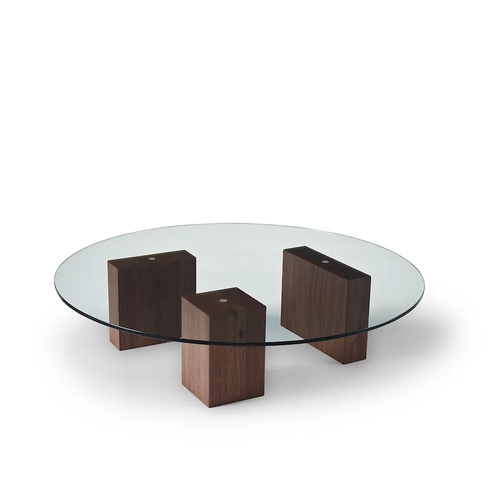 Puzz coffee table, Ø105, Clear glass, Base Oiled walnut, Top 12 mm