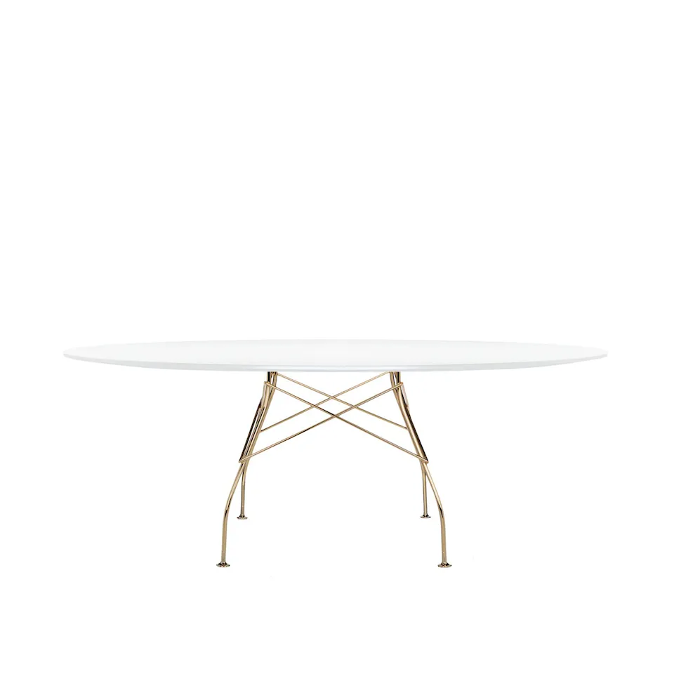 Glossy Oval Table 4569 194x120, Gold, White Polyester