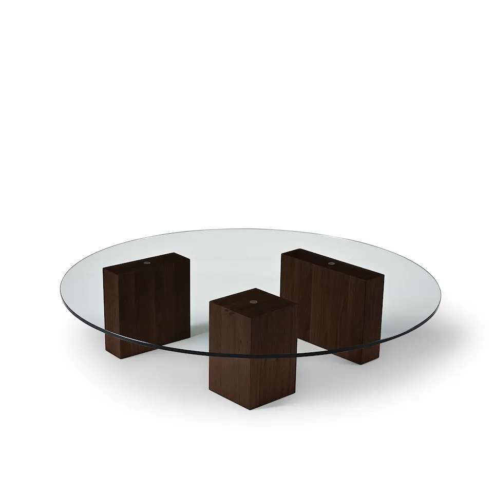 Puzz coffee table, Ø105, Clear glass, Base Brown stained oak, Top 12 mm