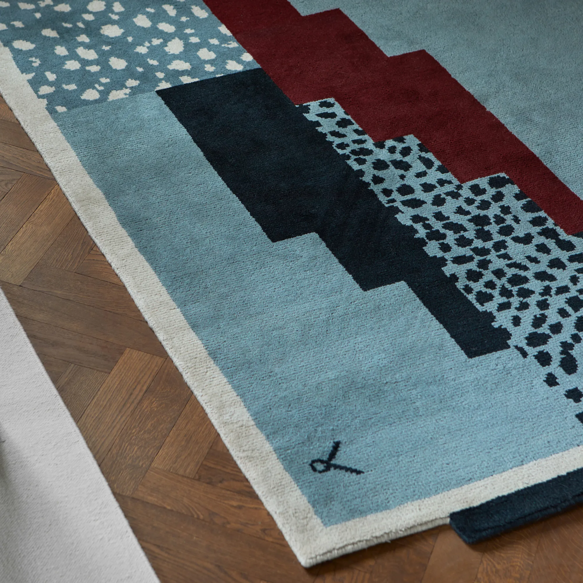 Art Deco 1 Blue Wool Rug - 7