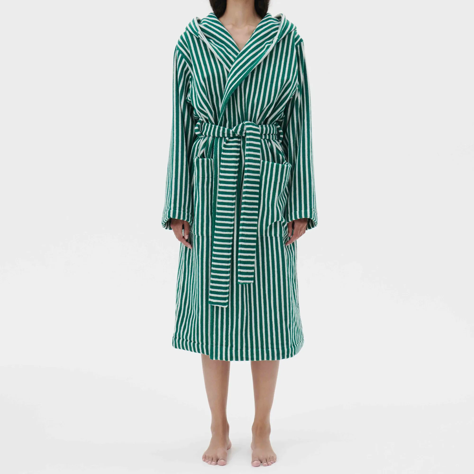 Hooded Bathrobe Teal Green Stripes
