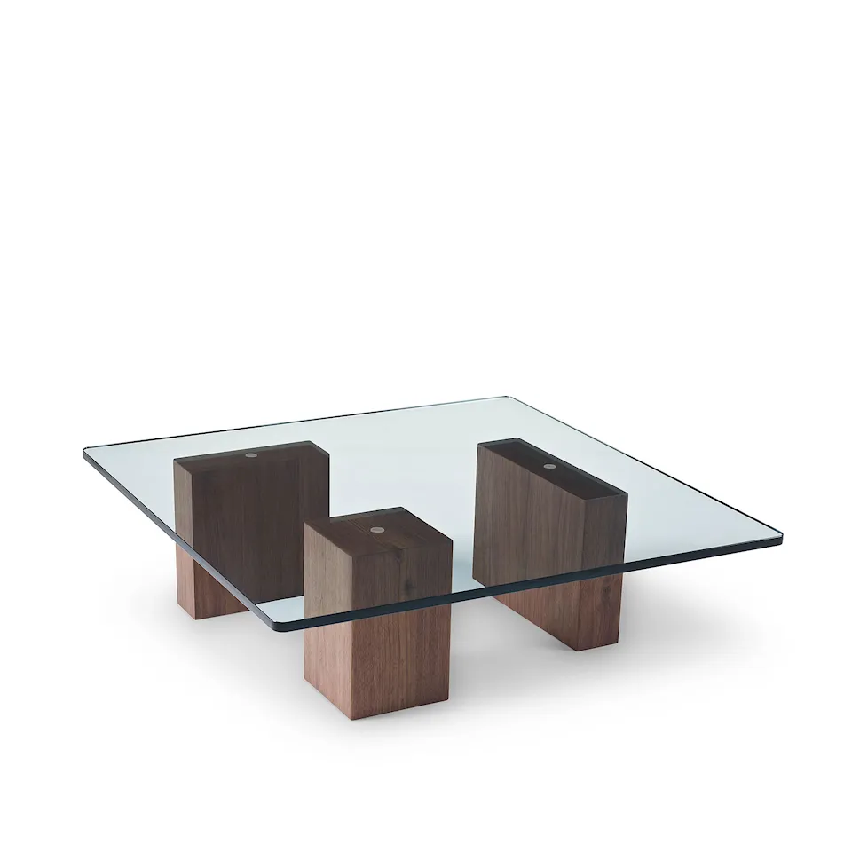 Puzz coffee table, 100x100, Clear glass, Base Oiled walnut, Top 12 mm