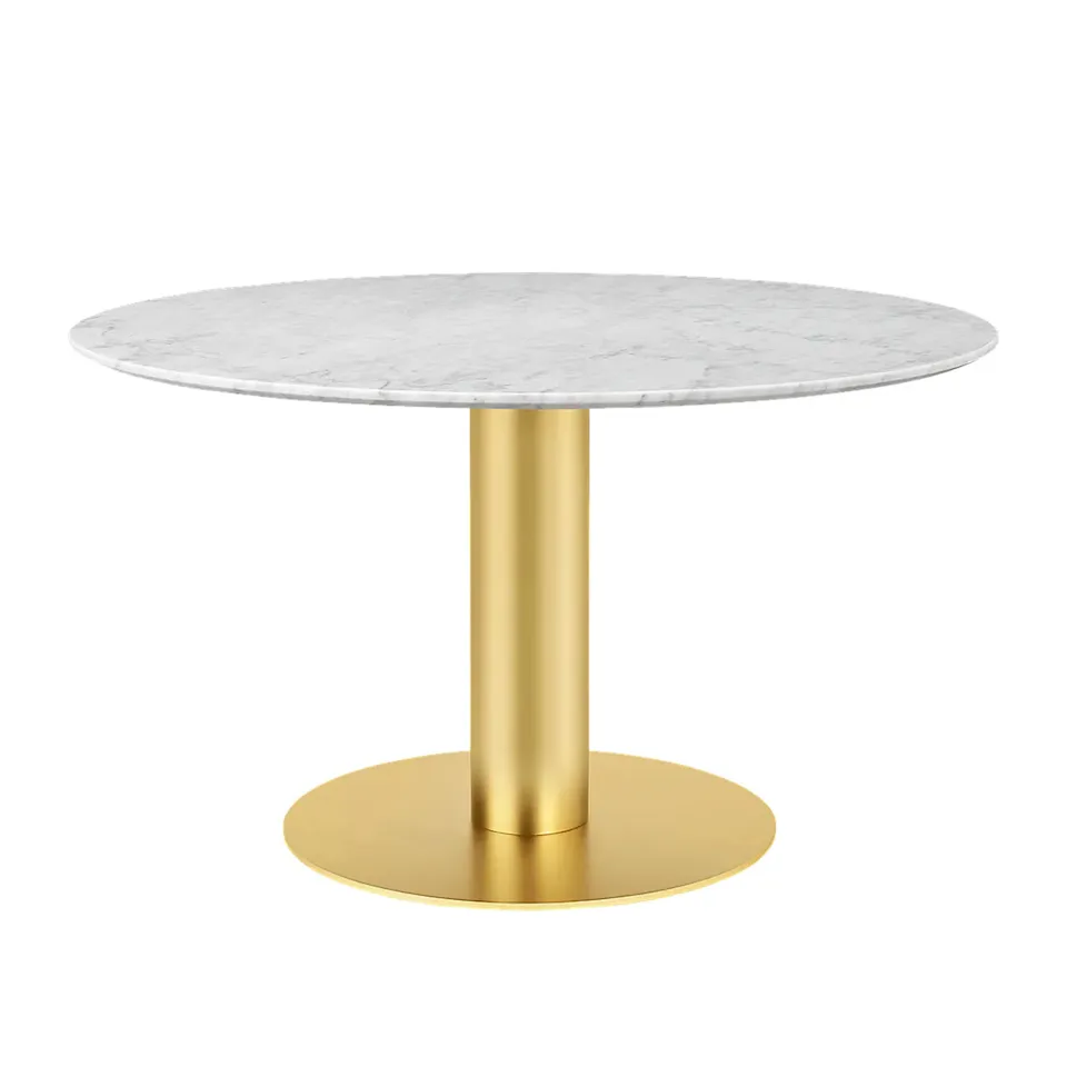 GUBI 2.0 Dining Table, Ø 130 cm, Top: Marble - Bianco Carrara, Base: Brass