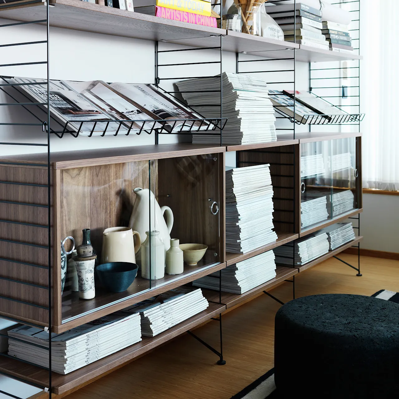 String Display Cabinet with Sliding Glass Doors