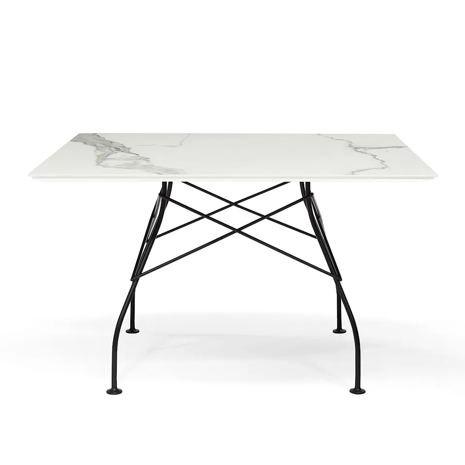 Glossy Square Table 118x118 Marble Top, Black Painted Steel Frame White