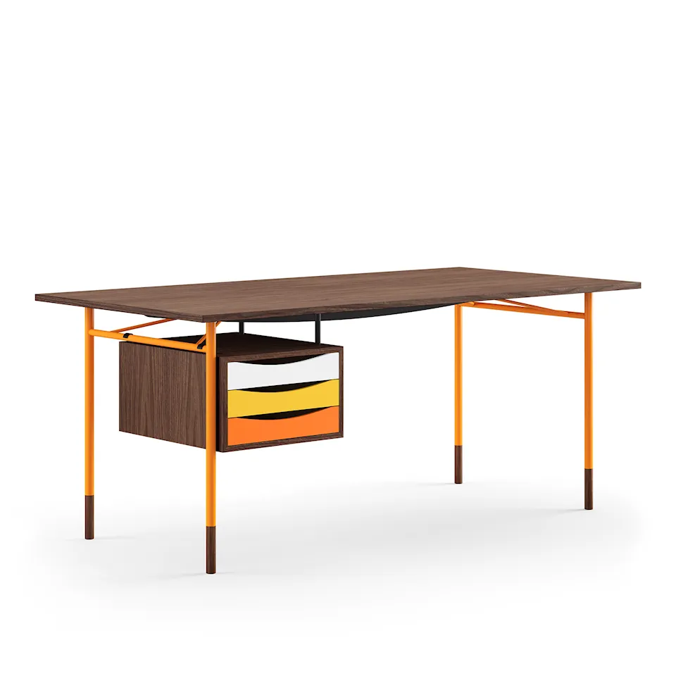 Nyhavn Desk, 170 cm, with Tray Unit, Walnut Dark Oil, Orange Steel, Warm