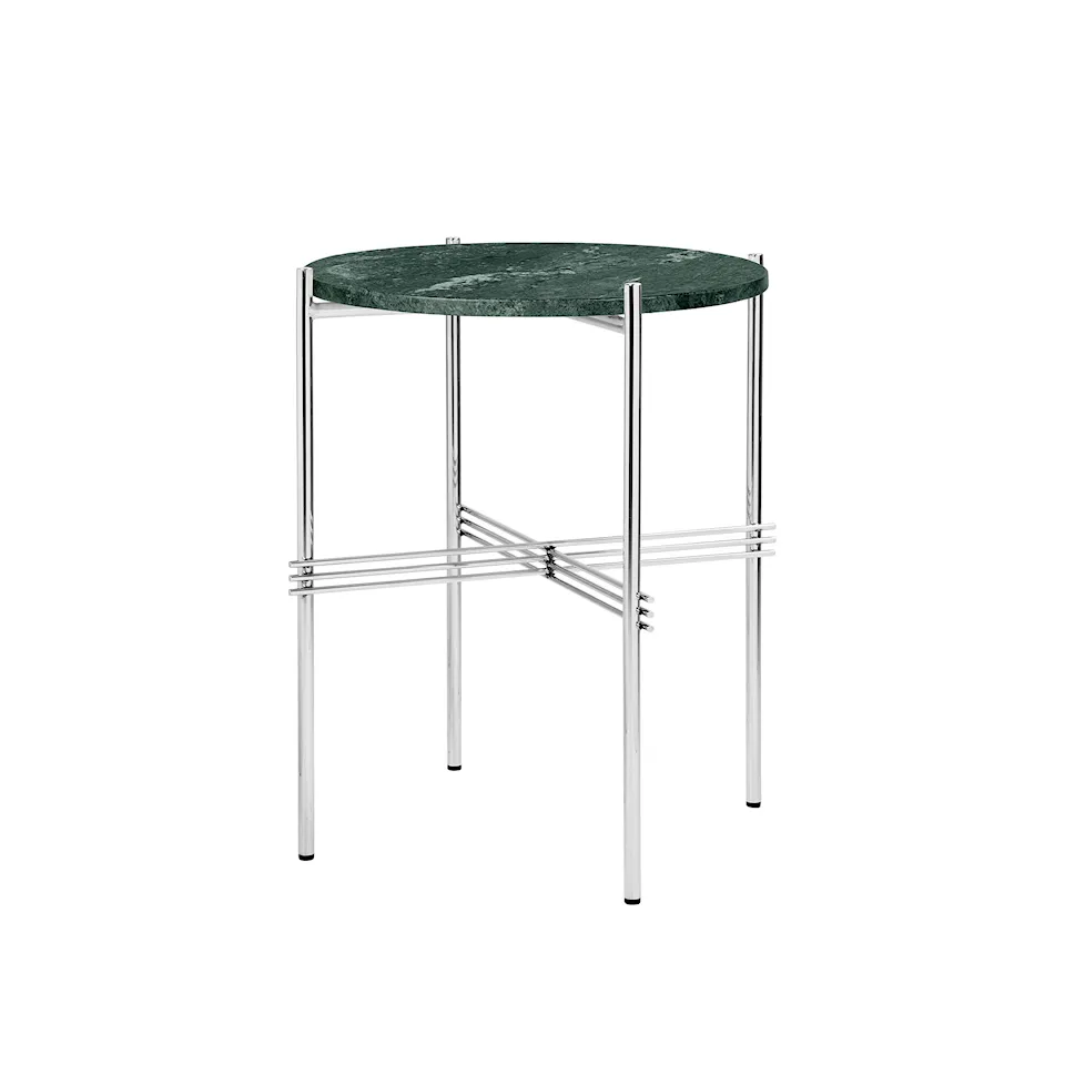 TS Side Table - Round, Ø40 Polished Steel Base, Table Top Green Guatemala Marble