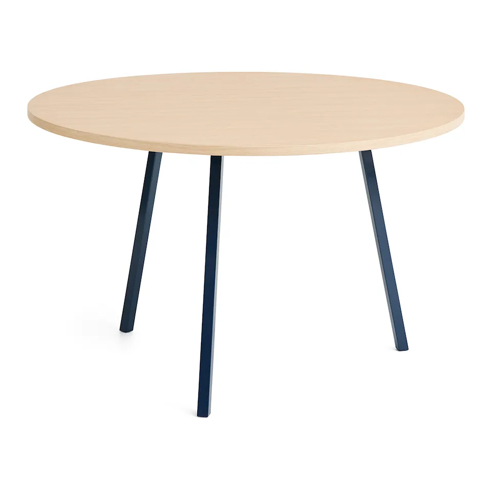 Loop Stand Table Round Deep blue powder coated steel frame Ø120 x H74 Clear lacquered oak tabletop Water-based lacquered oak edge