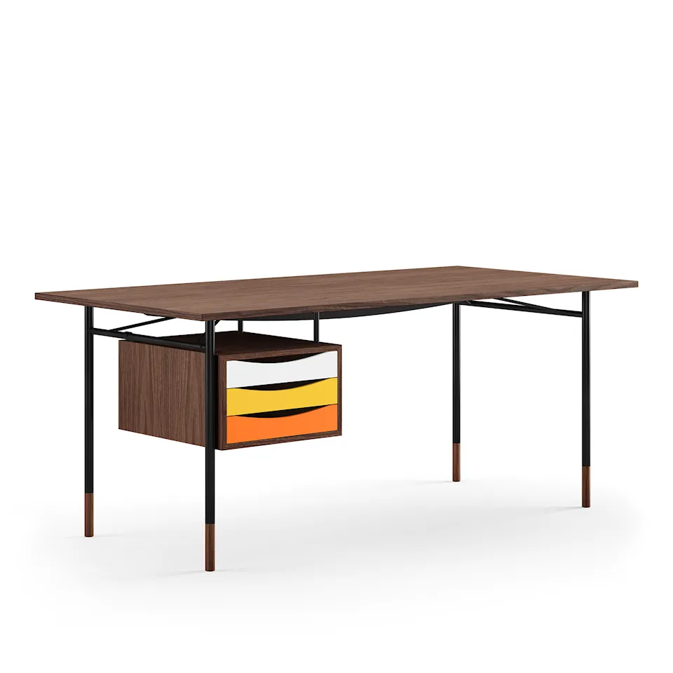 Nyhavn Desk, 190 cm, with Tray Unit, Walnut Dark Oil, Black Steel, Warm