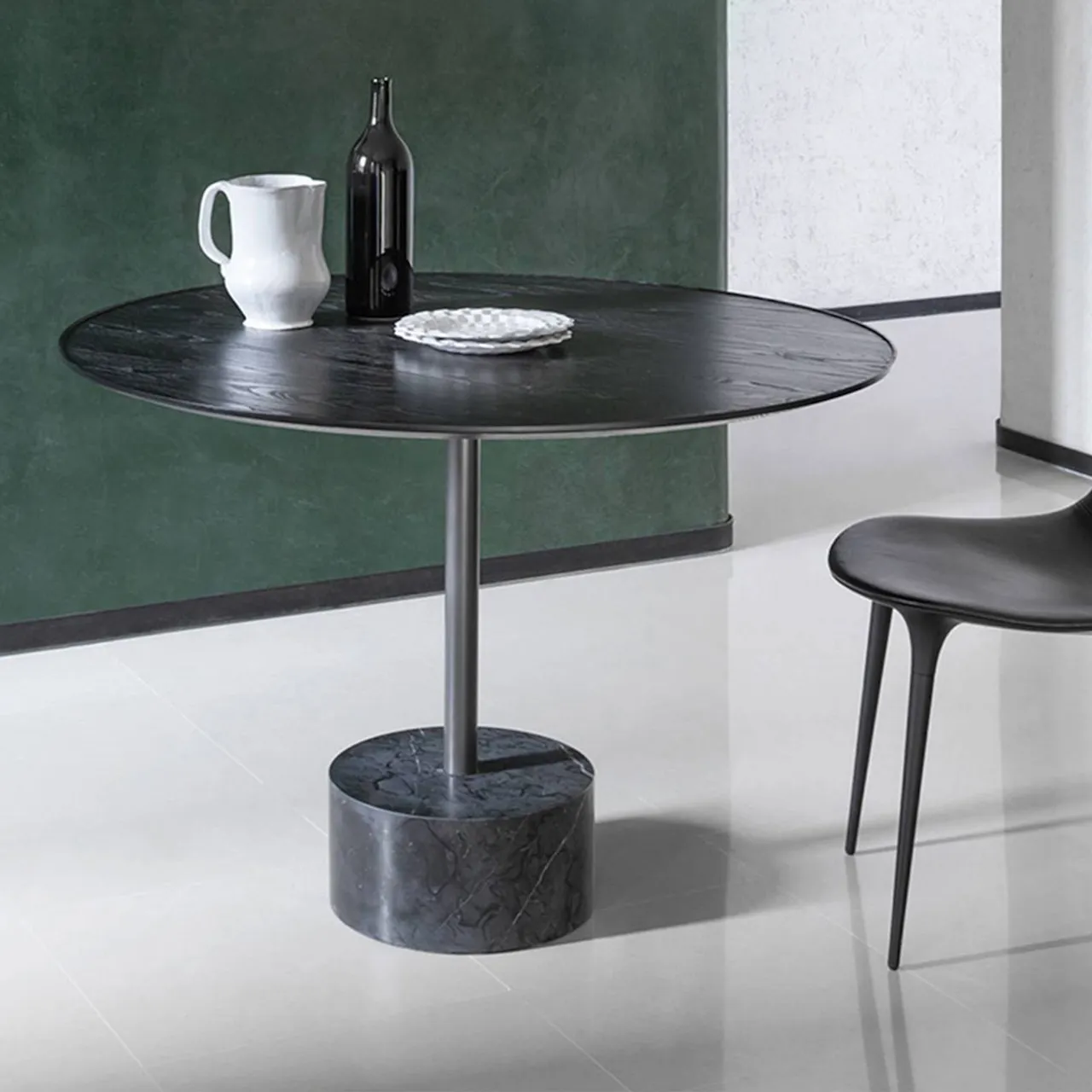 194 9 Dining Table, Ø 110 cm, Matt black stained ash top, Black Marquina marble base, Steel frame in anthracite grey